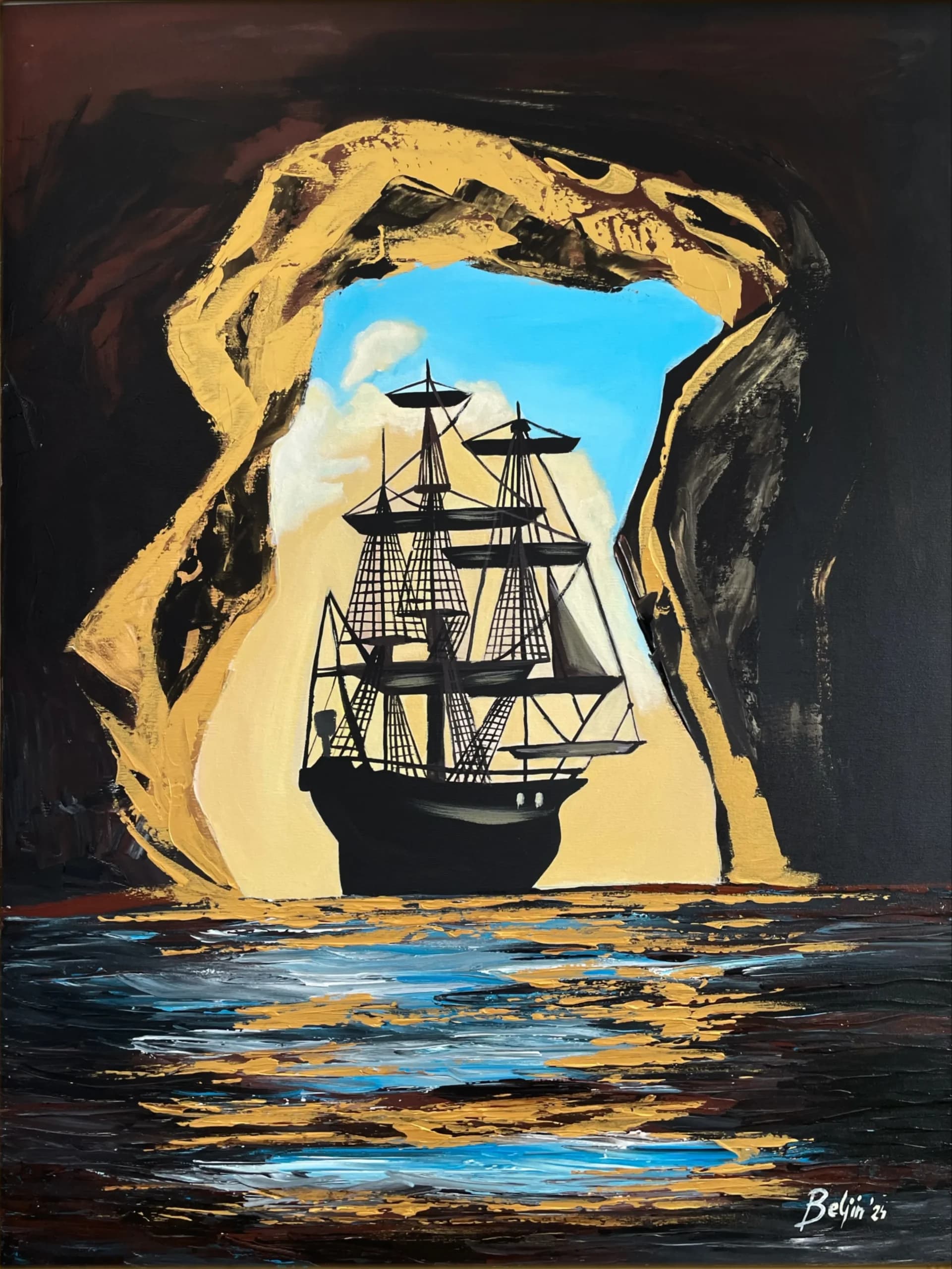 Painting of a ship in a cave