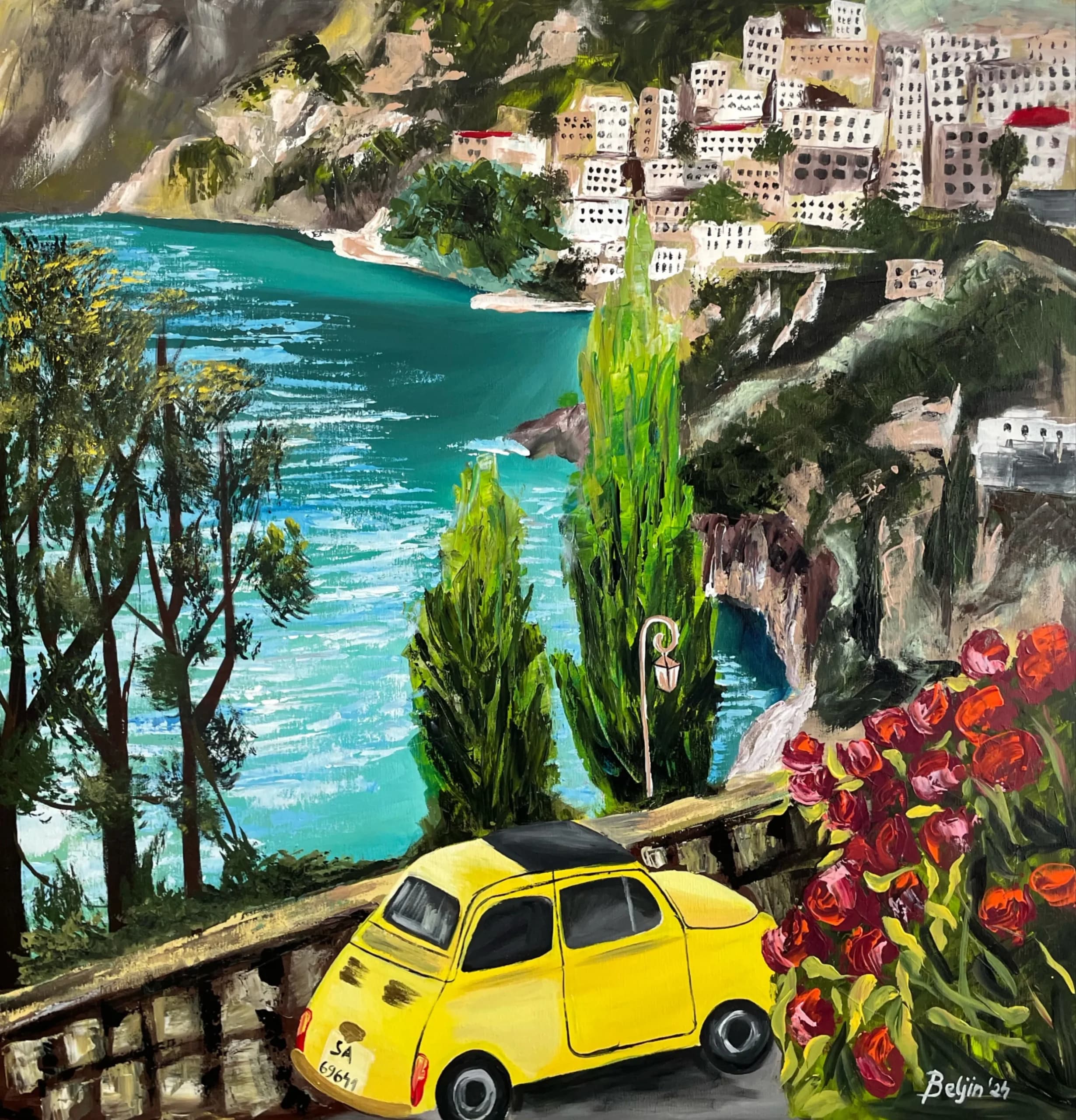 Naslikan žuti auto kako putuje kroz grad